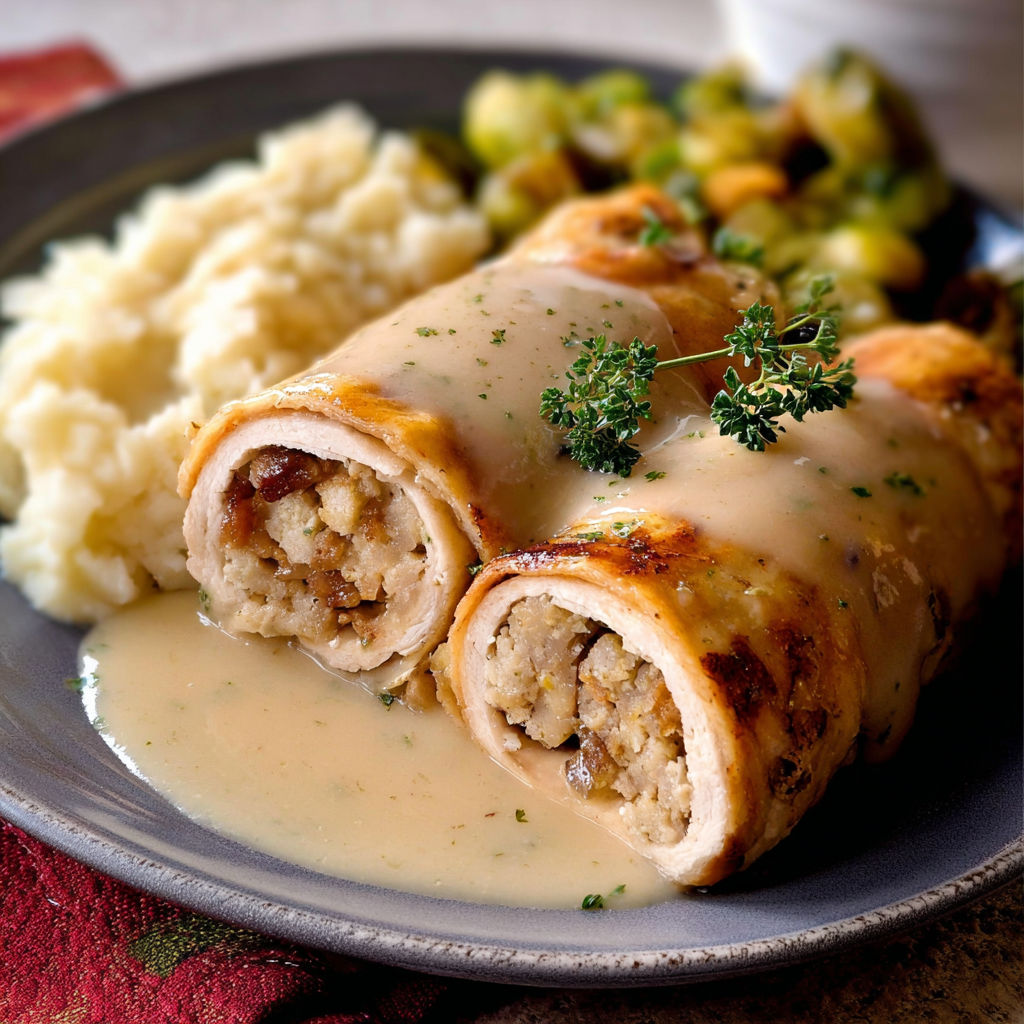 A plate of food with a turkey and stuffing roll up and gravy.