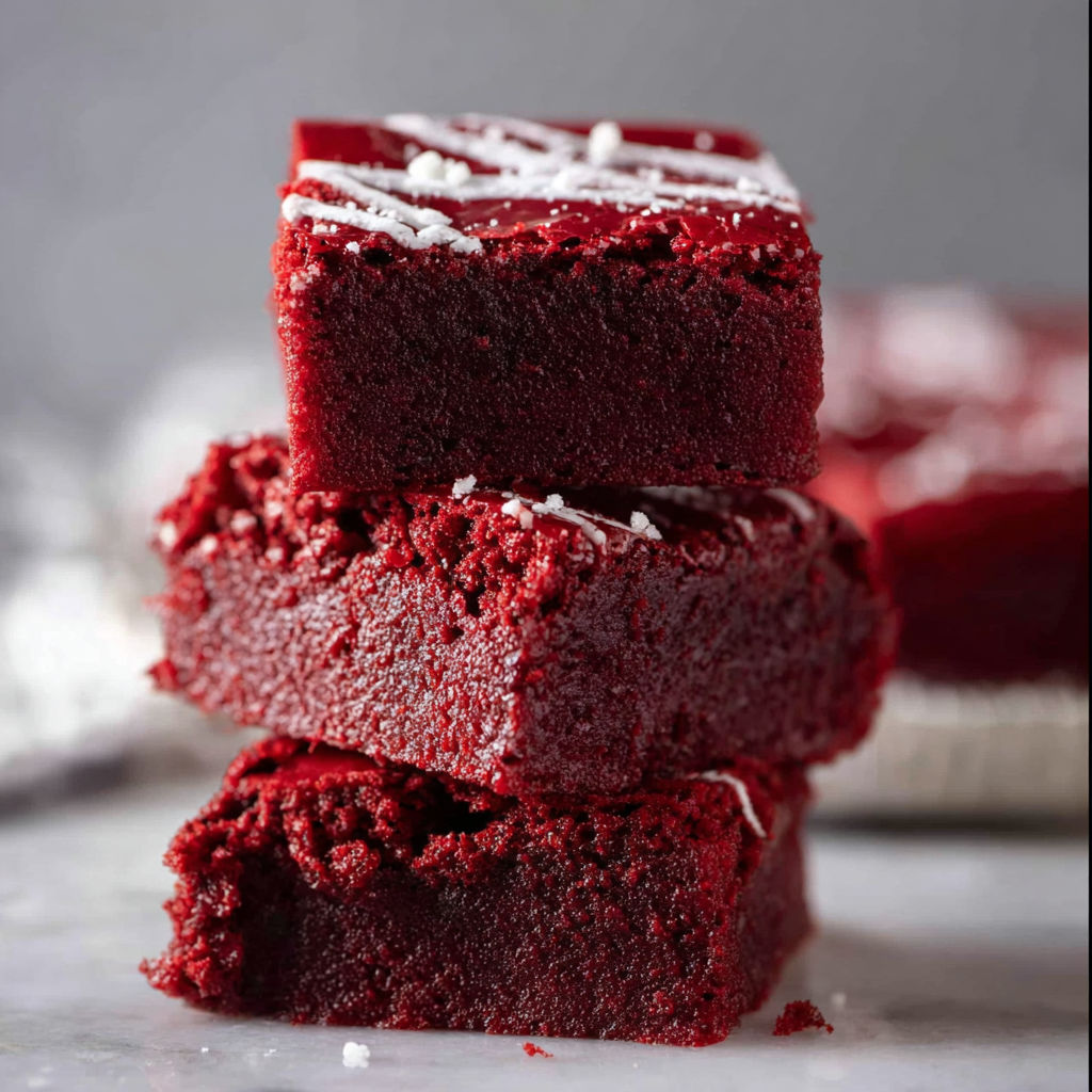 A stack of red velvet cake with white frosting.