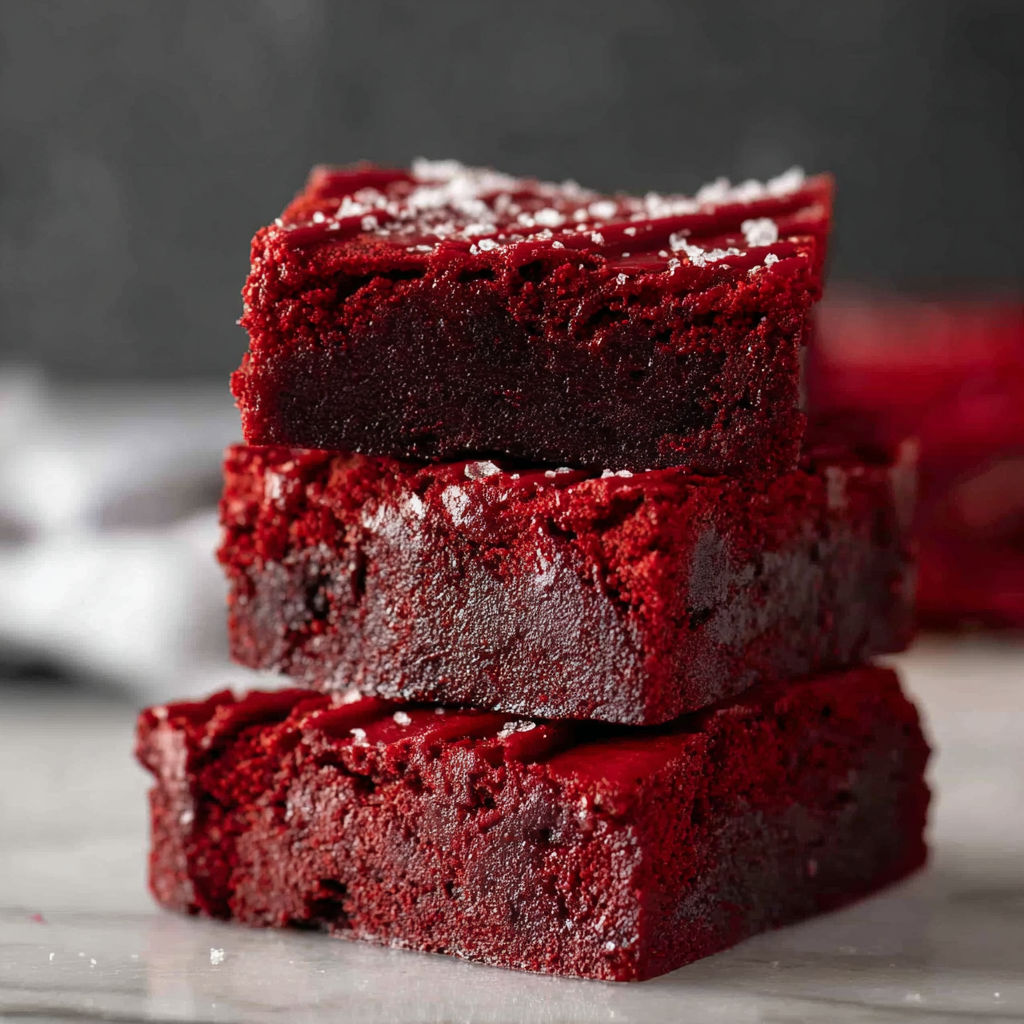 Three layers of red velvet cake with white powdered sugar on top.