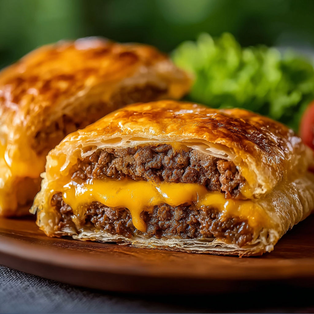 Two cheeseburger pockets on a plate.