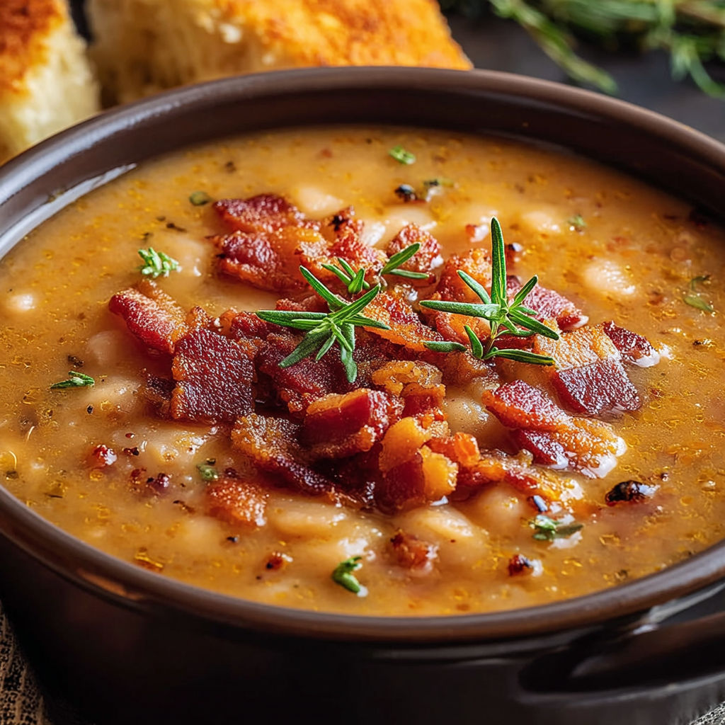 A bowl of soup with bacon and beans.