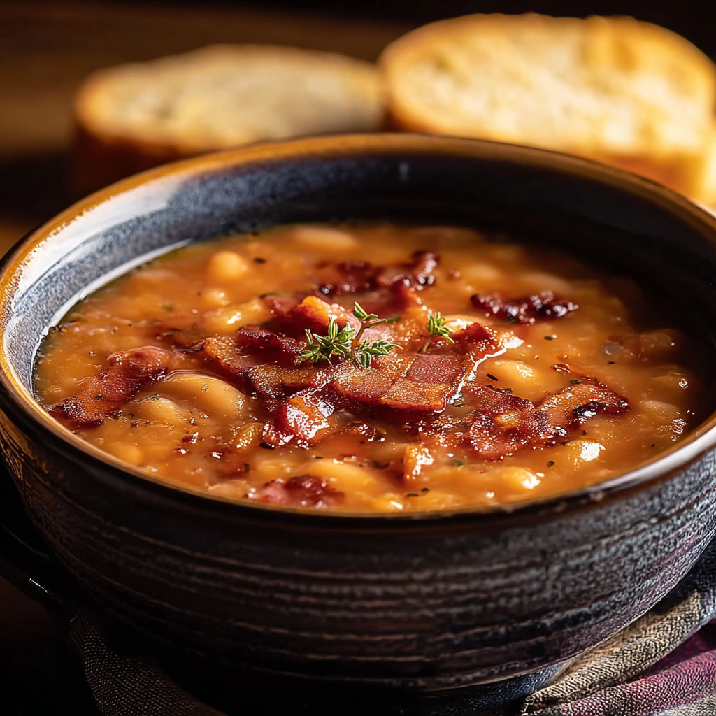 A bowl of soup with bacon and bread.