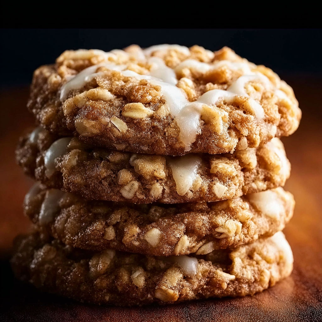 A stack of cookies with a white frosting on top.