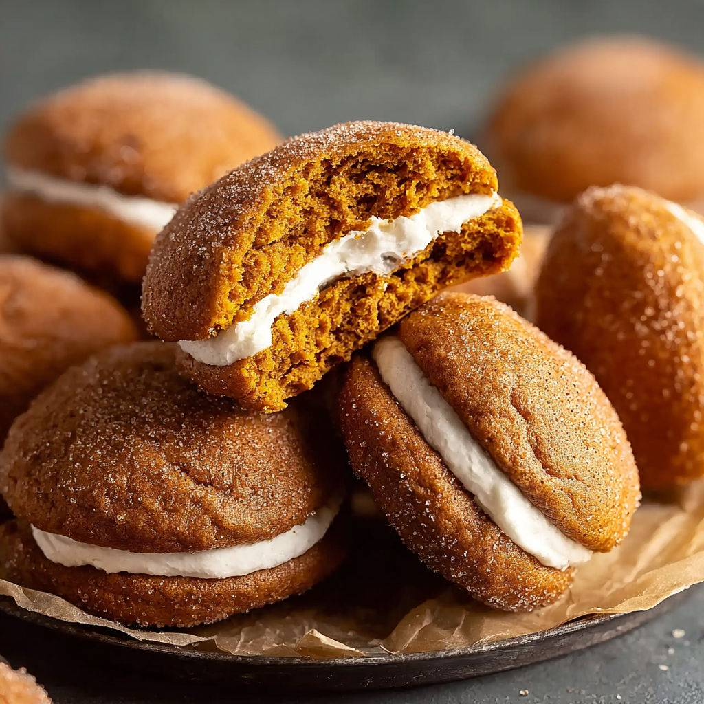 Pumpkin whoopie pies on a plate.