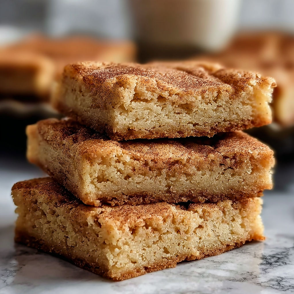 A stack of cake bars with a white cup in the background.