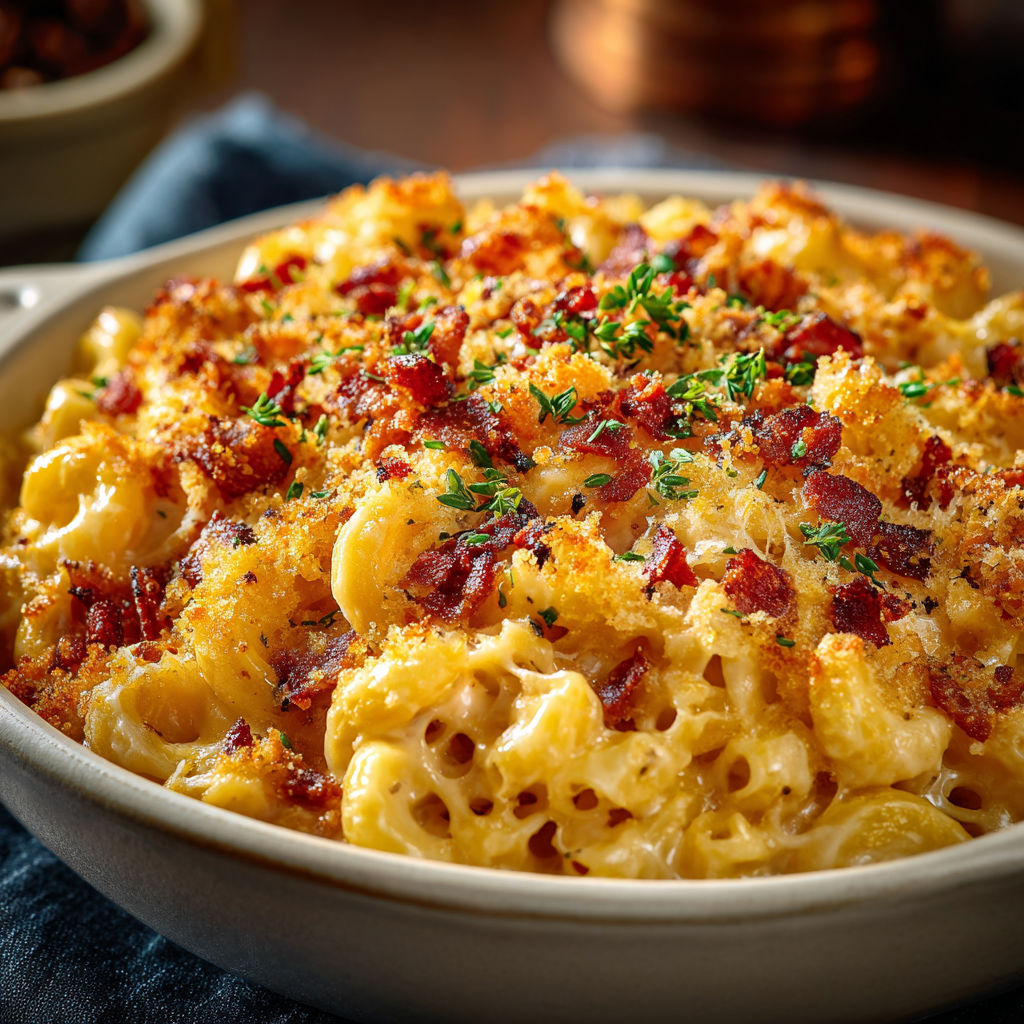 A dish of macaroni and cheese with bacon bits.