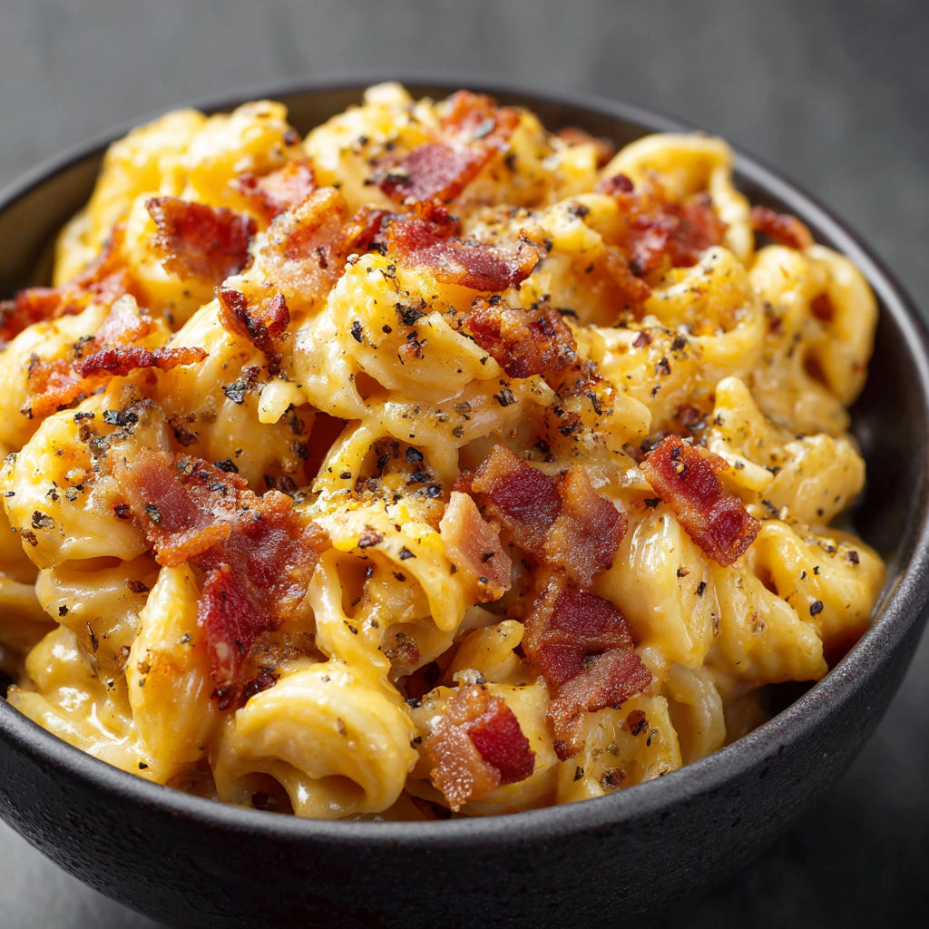 A bowl of macaroni and cheese with bacon bits.