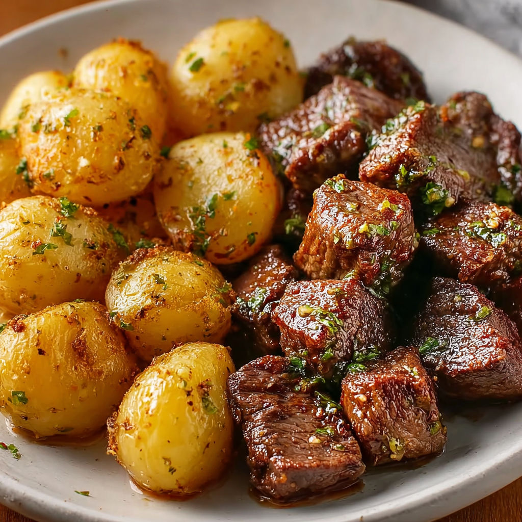 A plate of steak and potatoes.