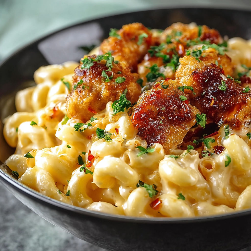 A bowl of macaroni and cheese with bacon.