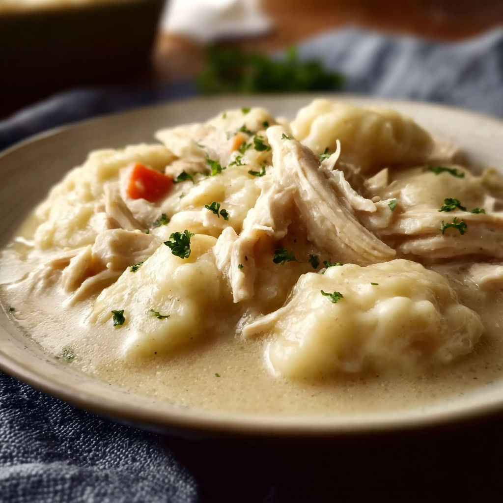 A bowl of chicken and dumplings.