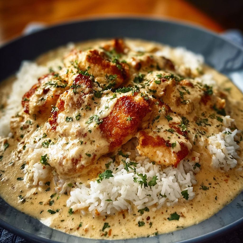 A bowl of rice with chicken and gravy.