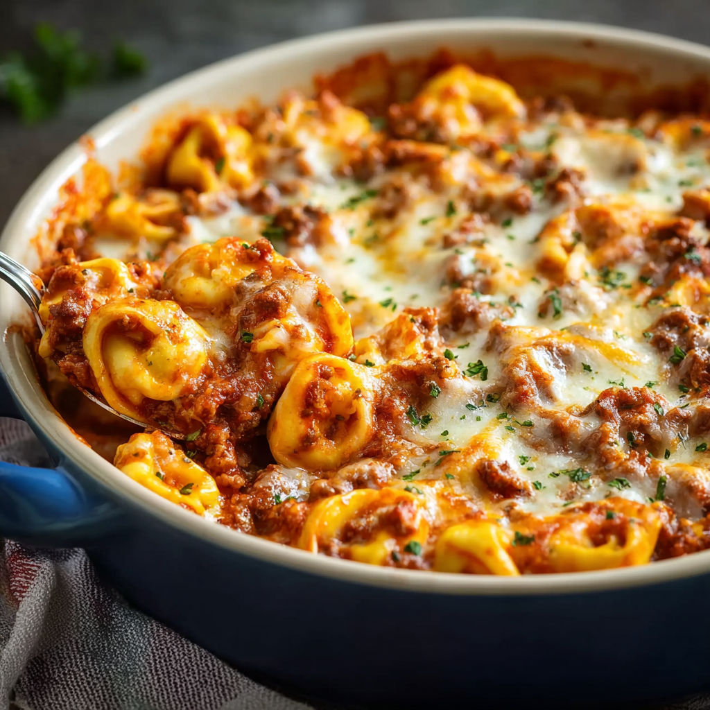 A bowl of pasta with meat and cheese.