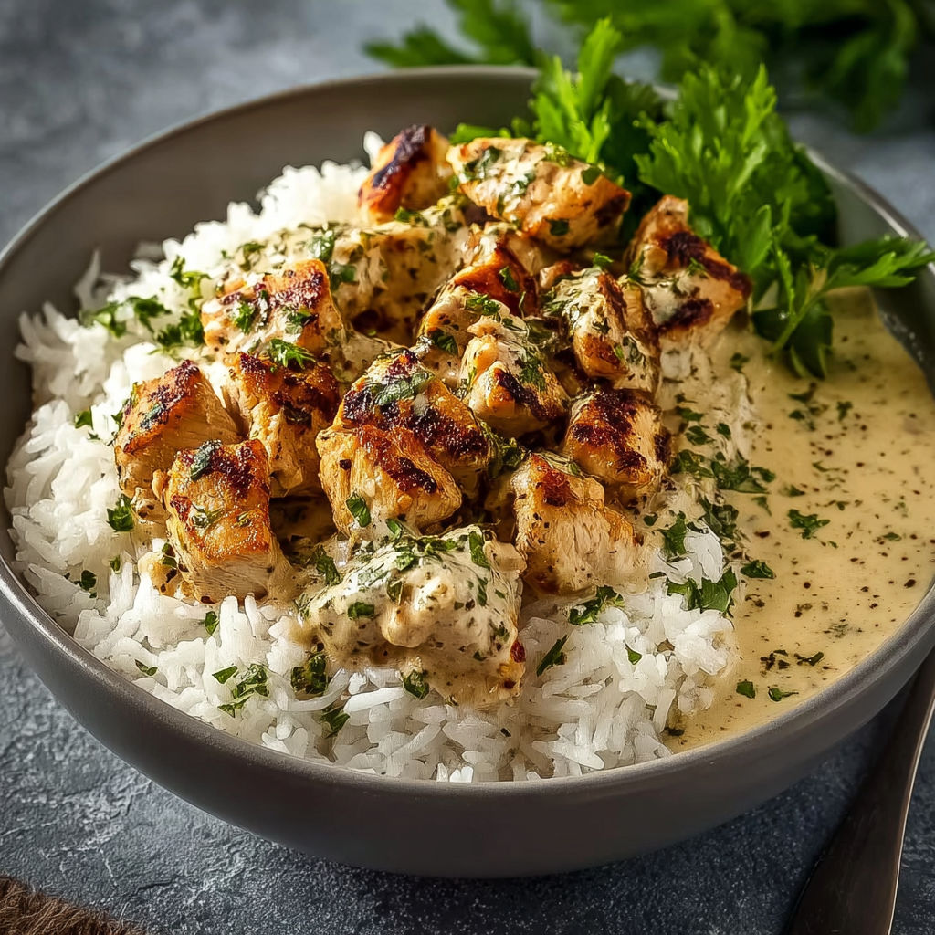 A bowl of rice and chicken with a spoon in it.