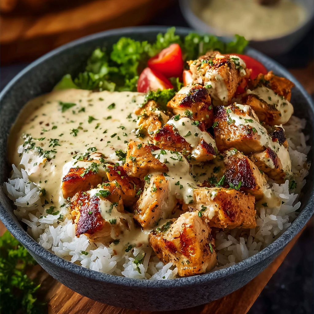 A bowl of rice with chicken and sauce.