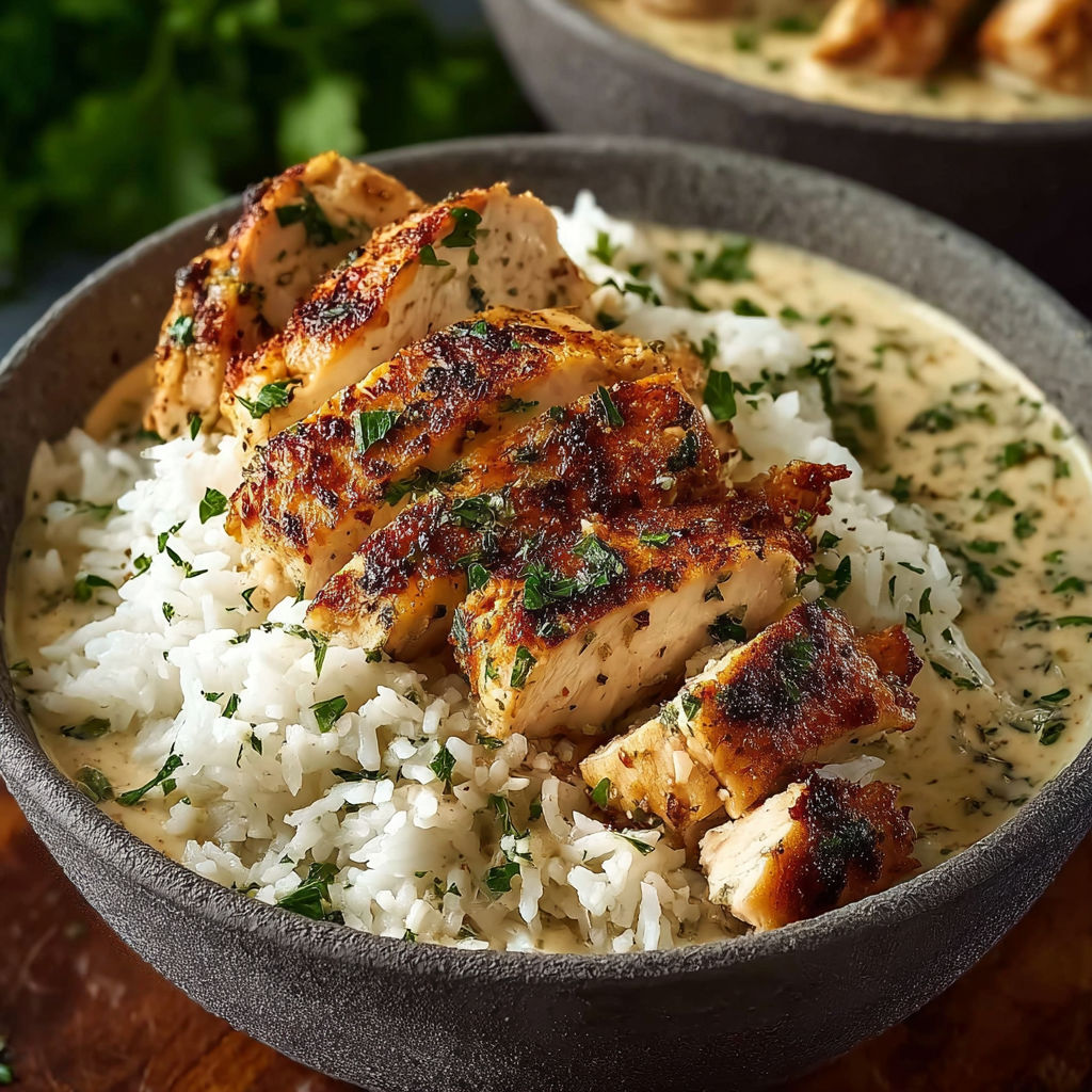 A bowl of rice and chicken.