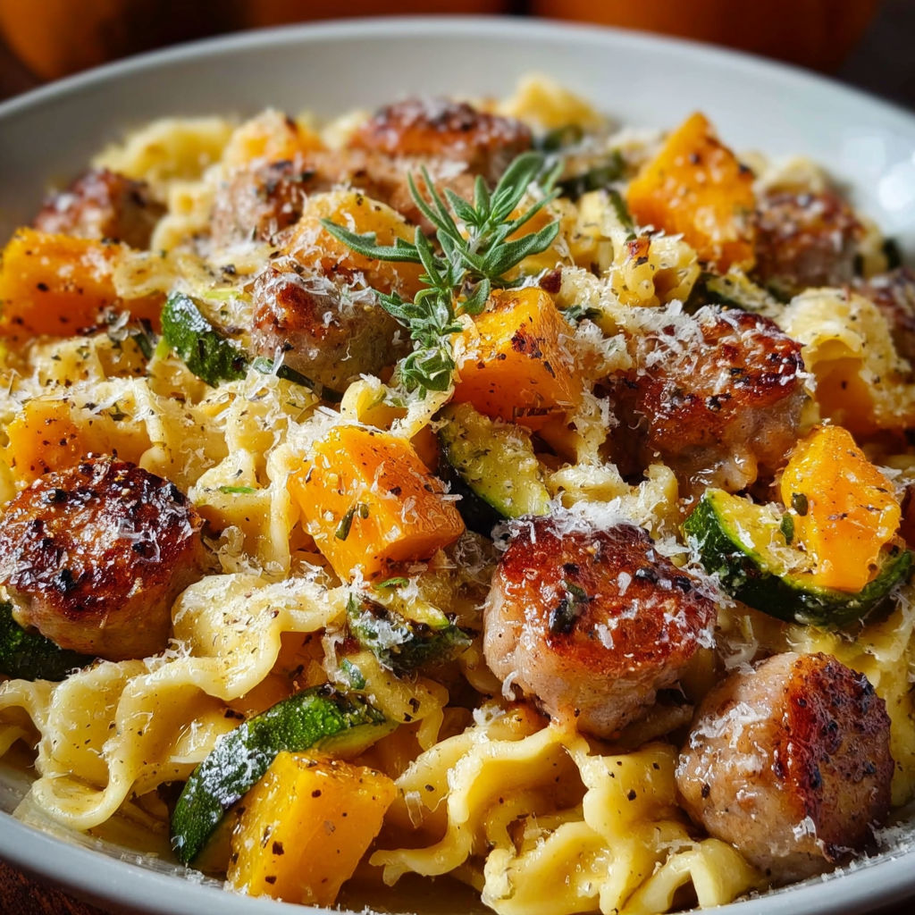 A bowl of pasta with sausage and squash.
