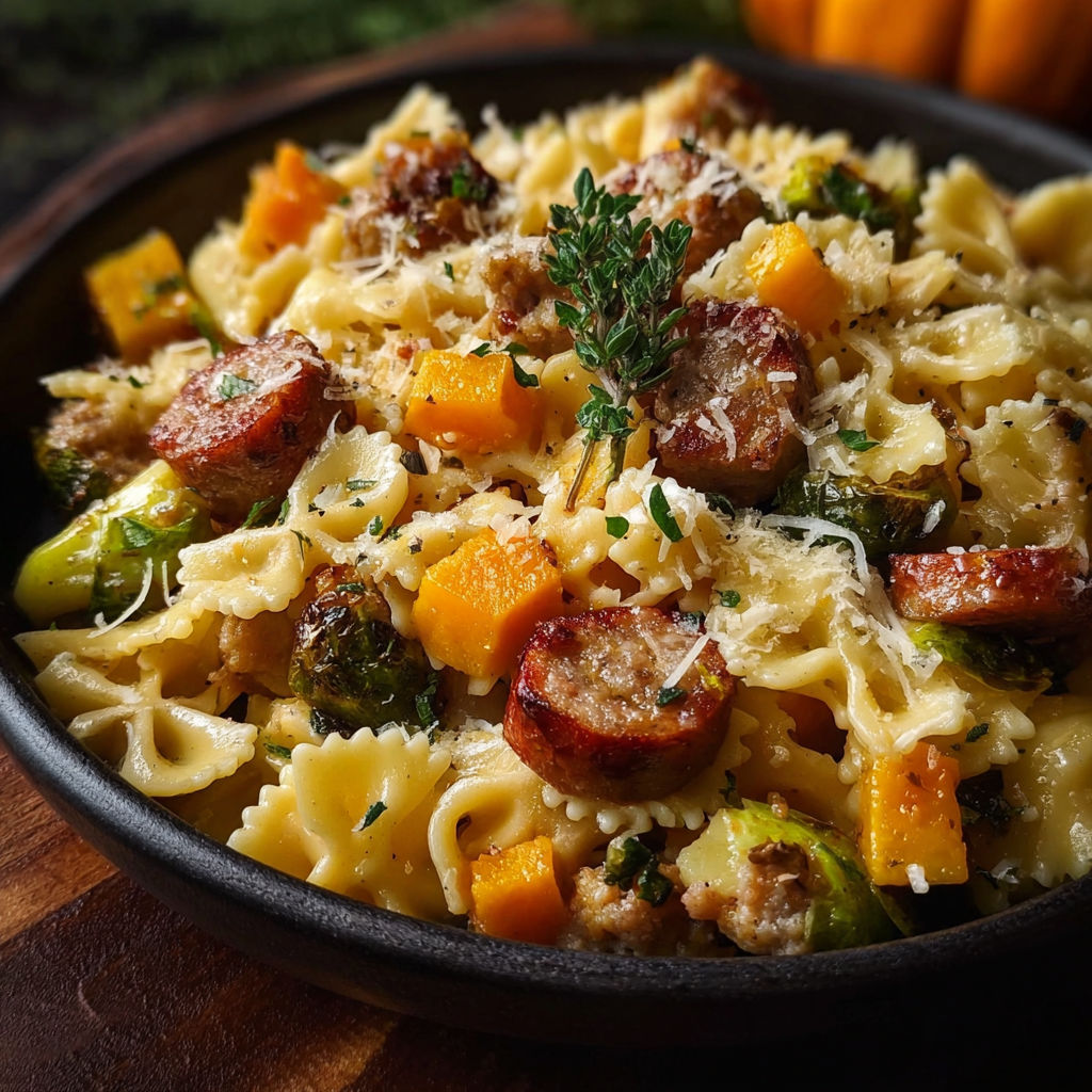 A bowl of pasta with sausage and squash.