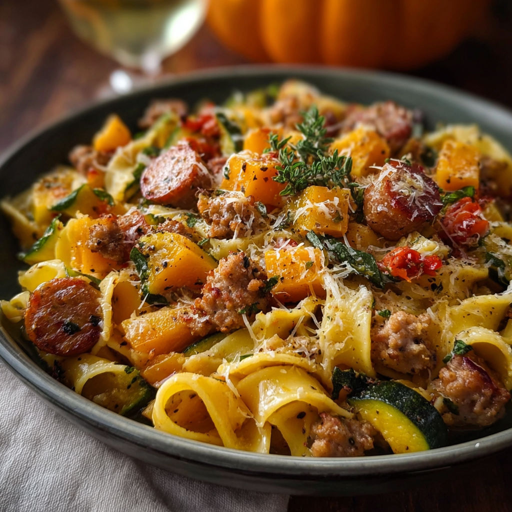 A bowl of pasta with sausage and squash.