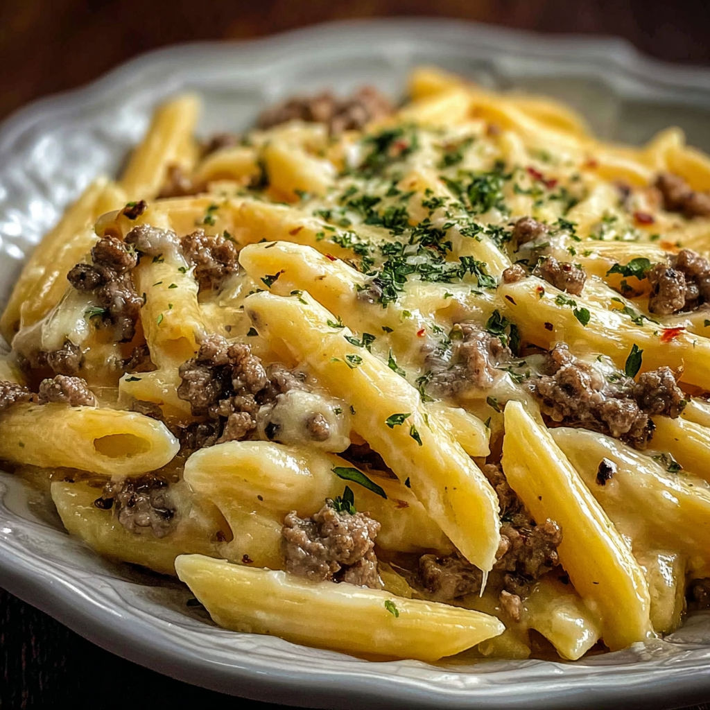 A plate of pasta with meat and cheese on it.