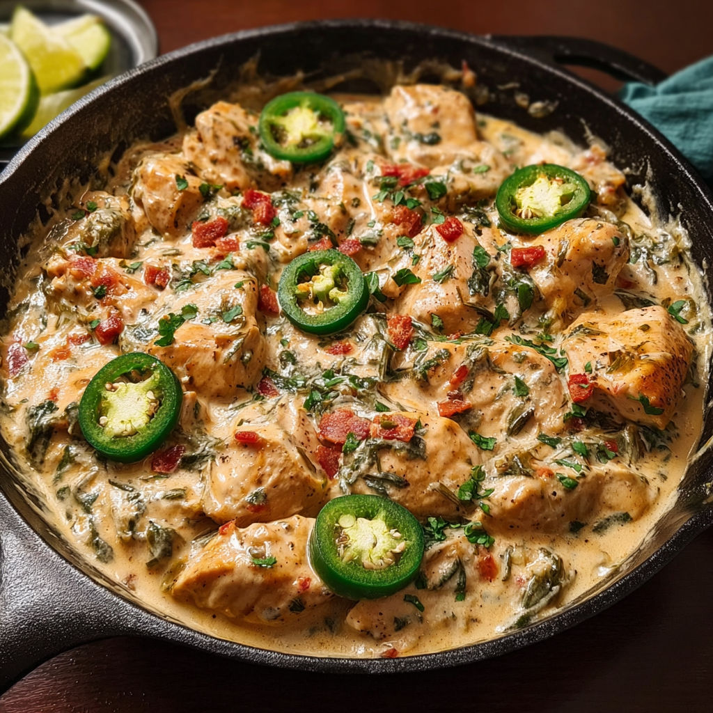 A skillet of creamy jalapeño chicken.