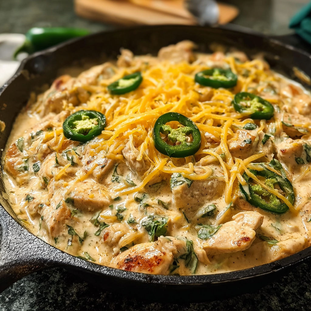A pan of food with chicken, peppers, and cheese.