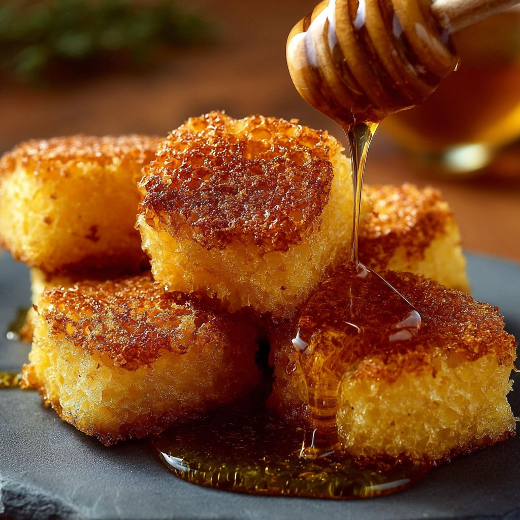 A honey glazed dessert is being drizzled with honey.