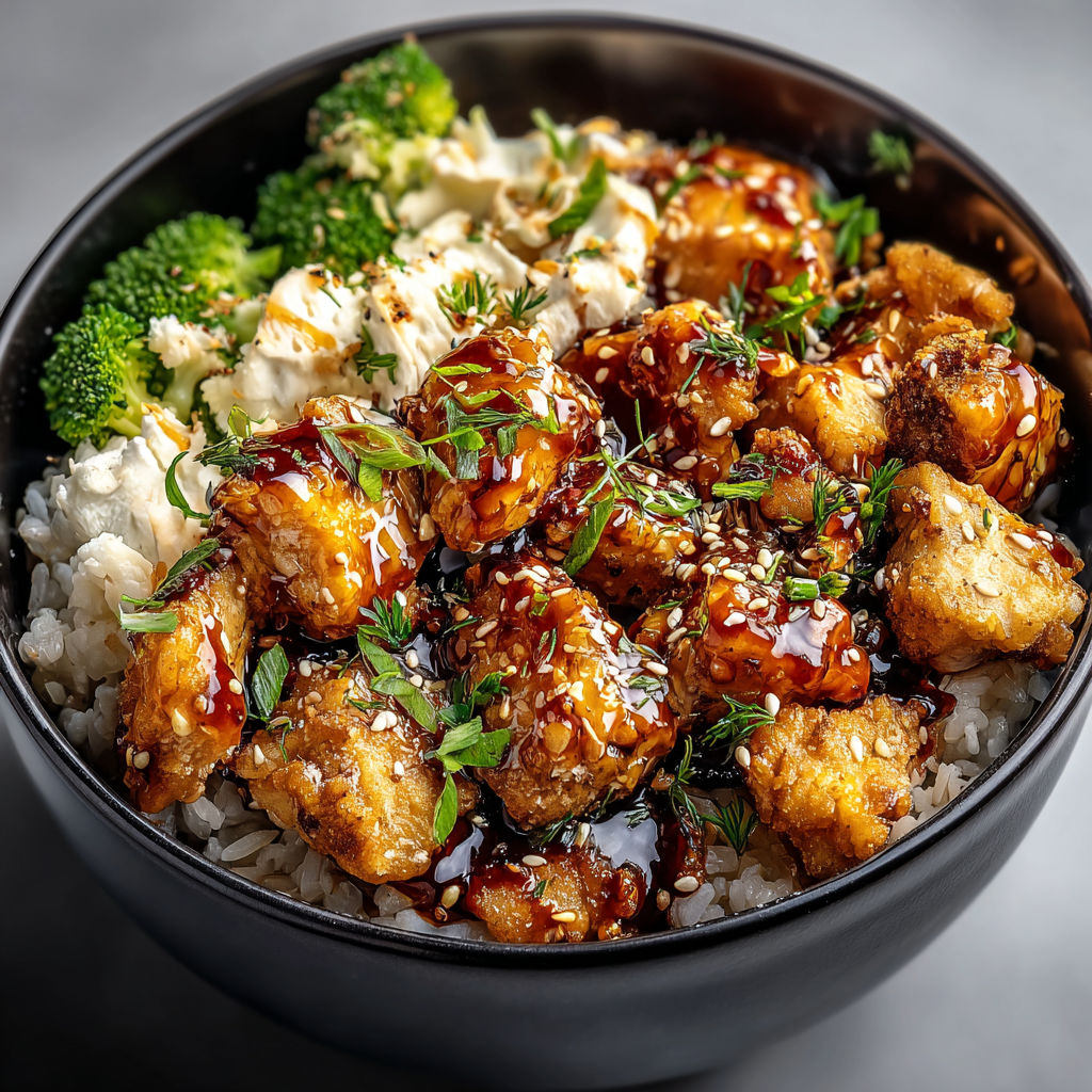 A bowl of food with chicken and broccoli.