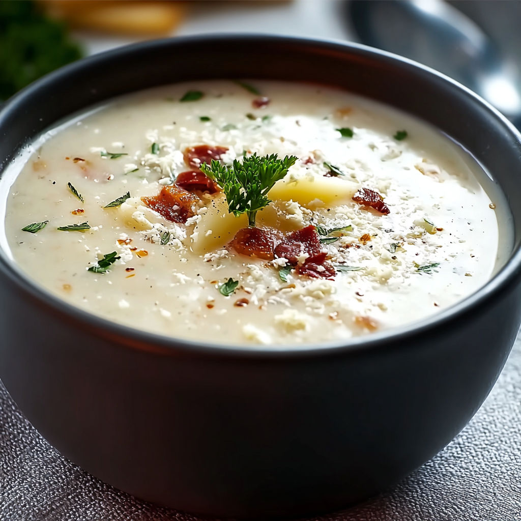A bowl of soup with a green garnish.
