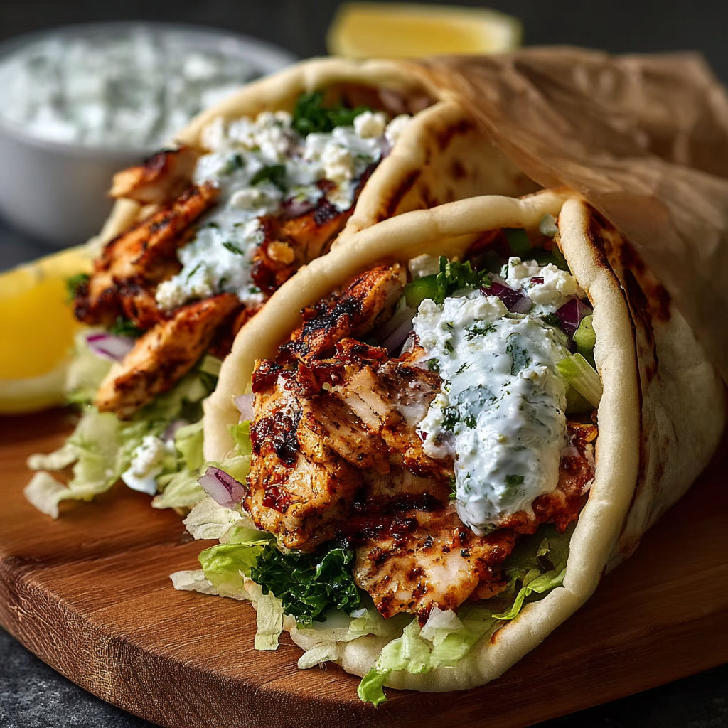 A gyro with chicken and feta cheese.