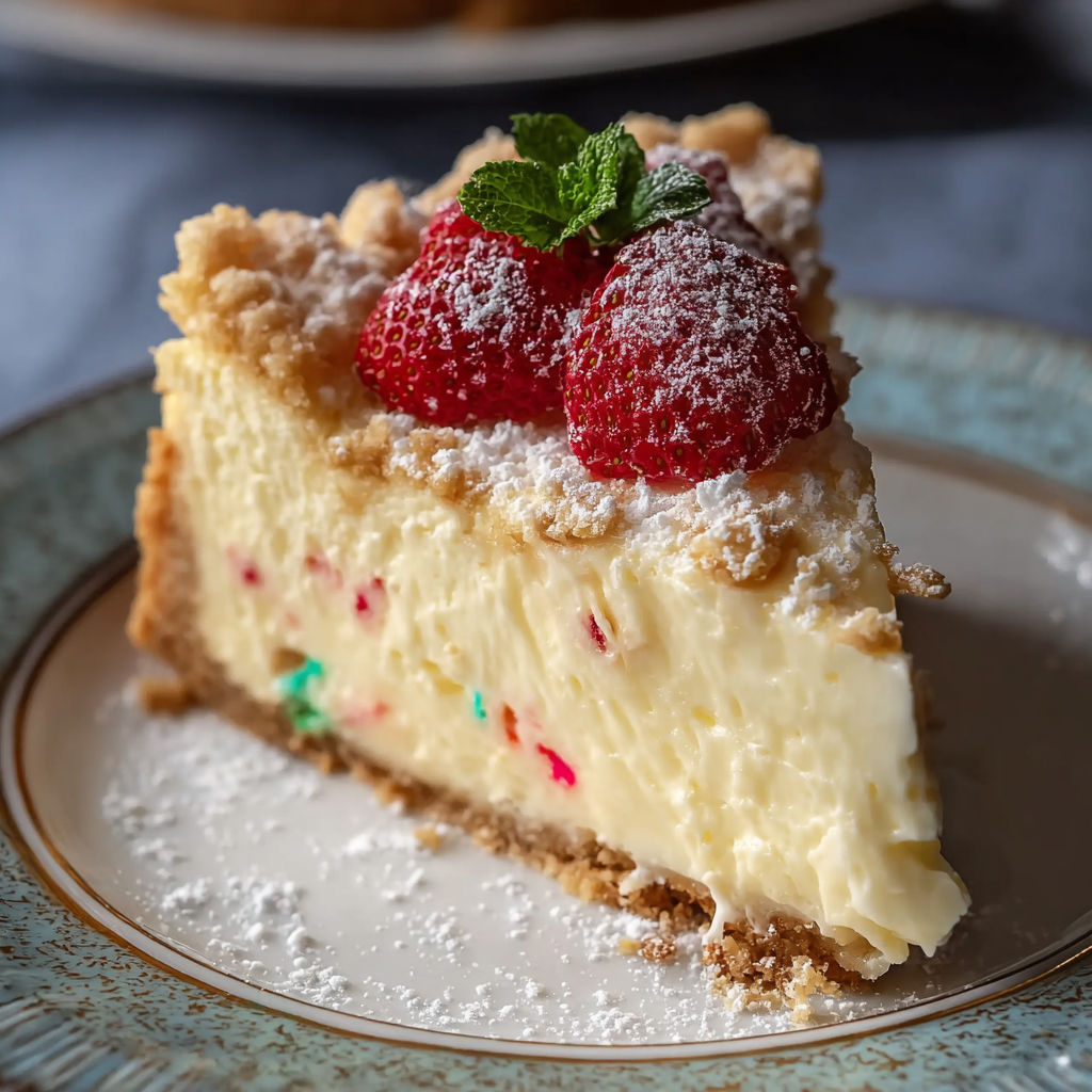A slice of cheesecake with strawberries on top.
