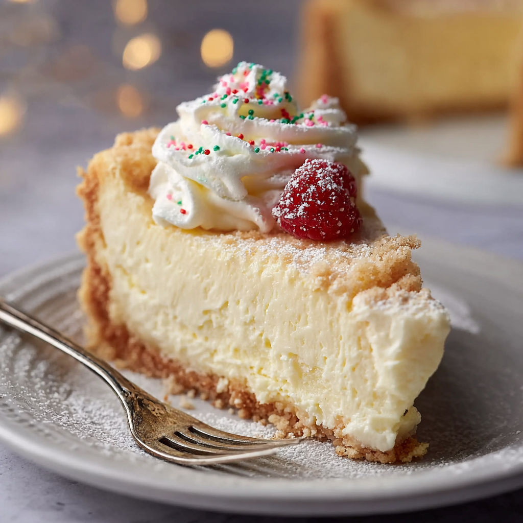 A slice of cheesecake with strawberries and whipped cream.