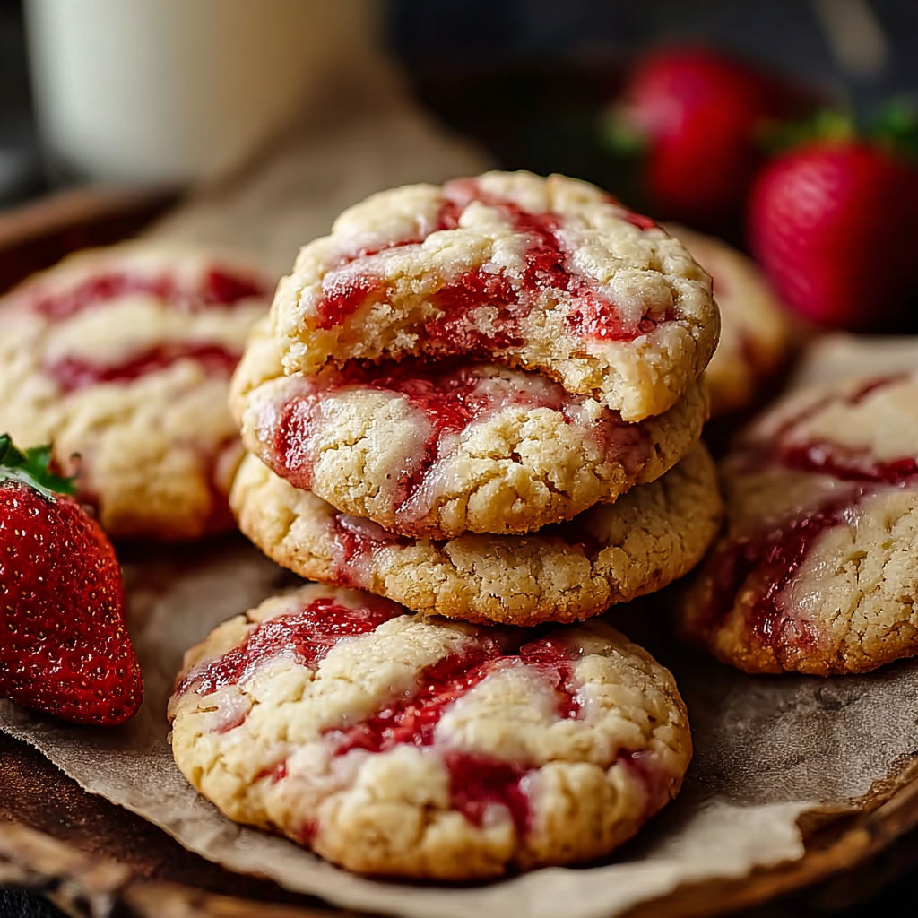 A plate of cookies with strawberries on top.