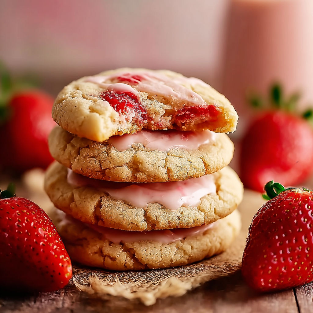 A stack of strawberry cheesecake cookies.