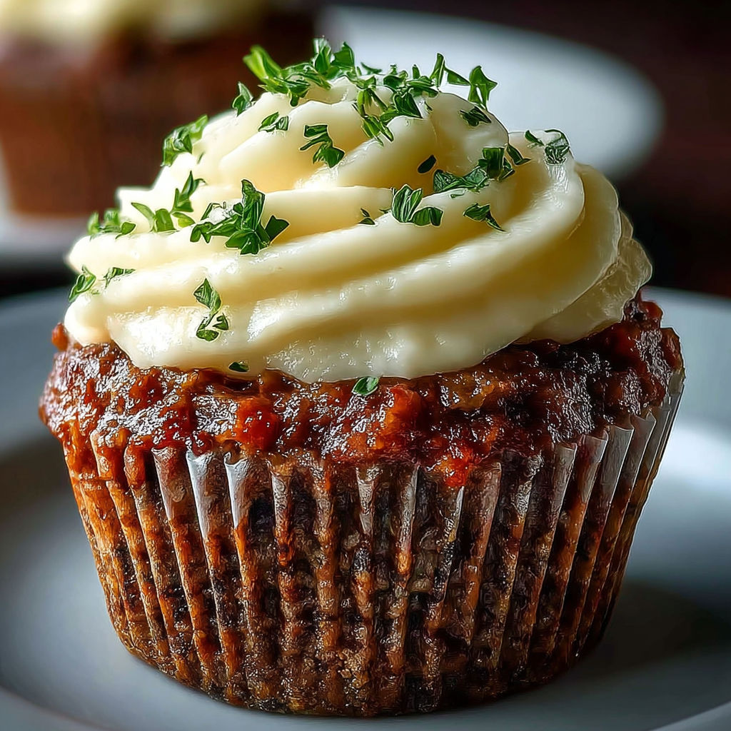 A cupcake with meatloaf on top.