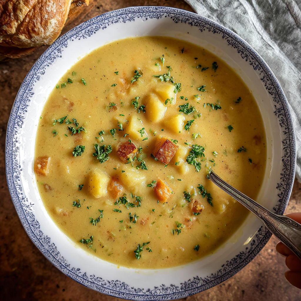 A bowl of soup with a spoon in it.