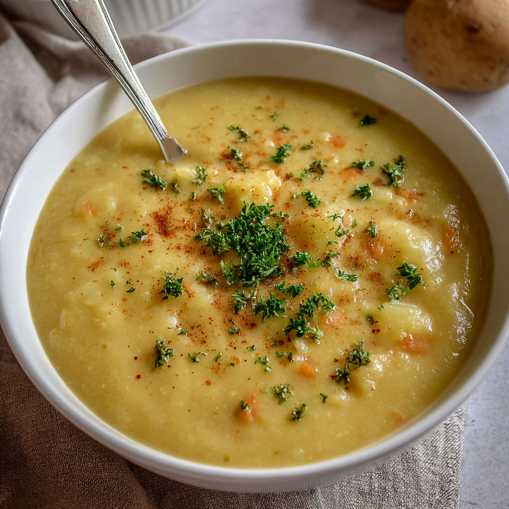 A bowl of soup with a spoon in it.