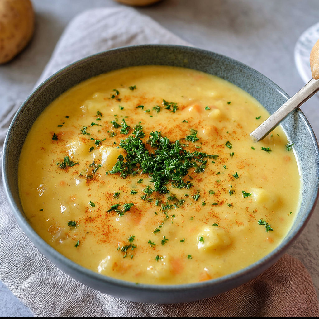 A bowl of soup with a spoon in it.