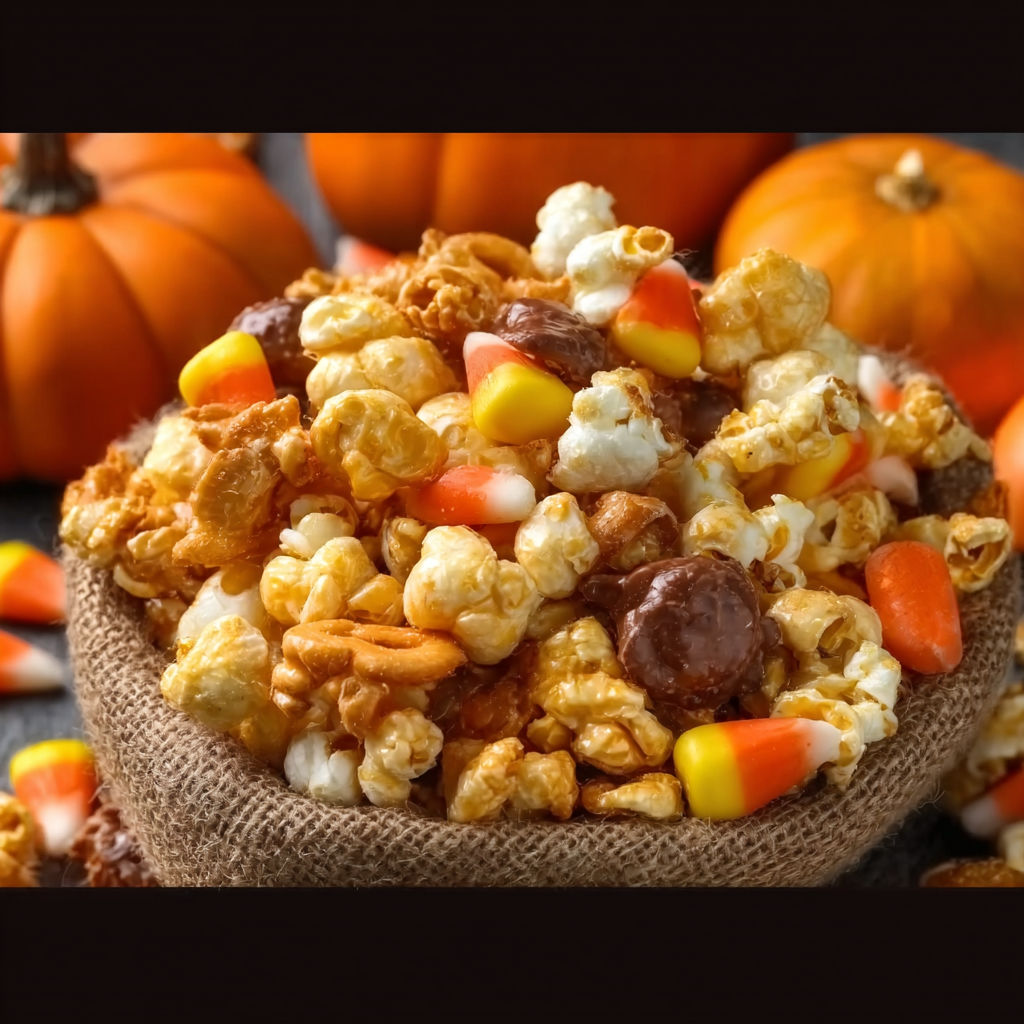 A bowl of popcorn with candy corn and nuts.