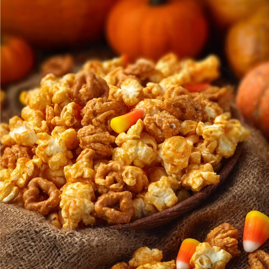A bowl of popcorn with a candy corn on top.