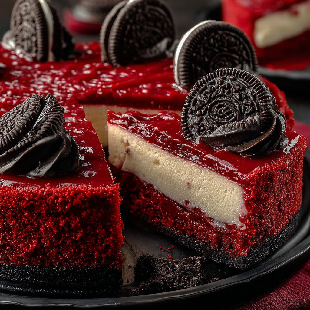 A slice of red velvet oreo cheesecake.