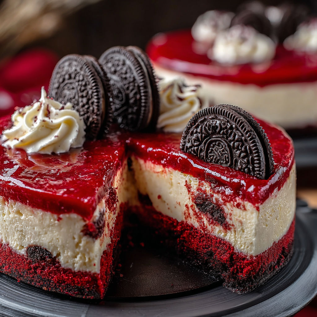 A slice of red velvet cheesecake with chocolate and white cream.