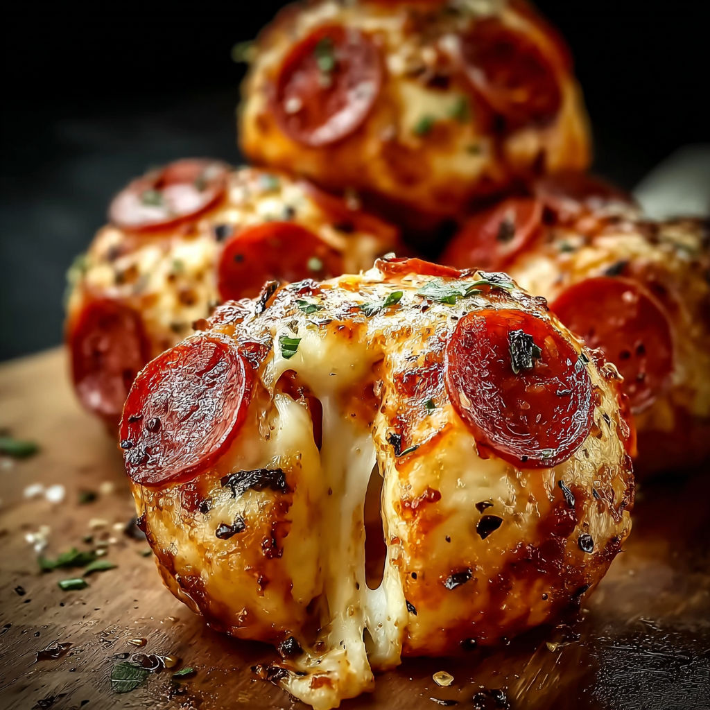 Pepperoni pizza bombs on a cutting board.