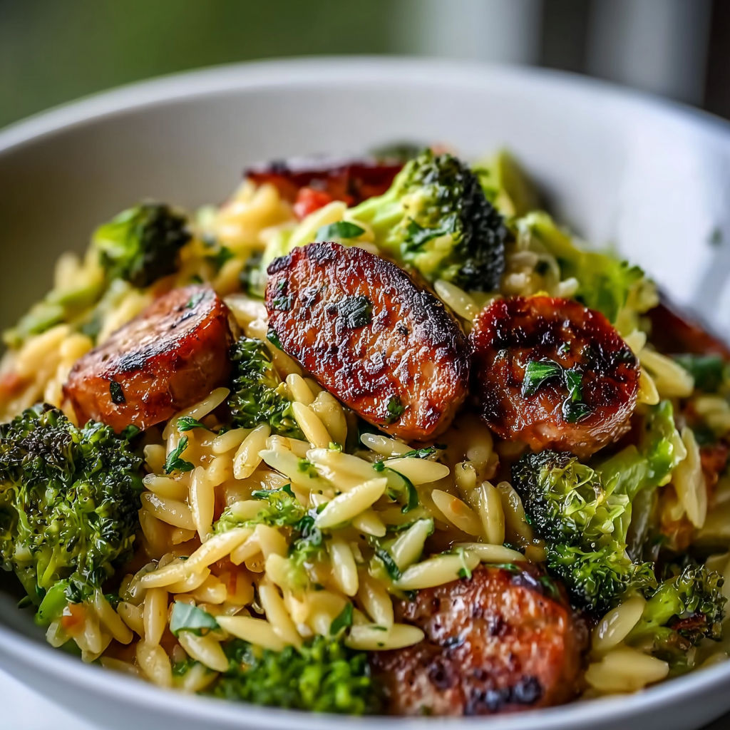 A bowl of pasta with sausage and broccoli.
