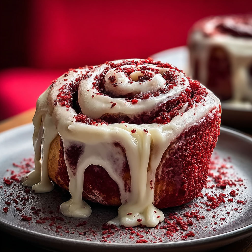 A red and white swirl cake with white frosting.