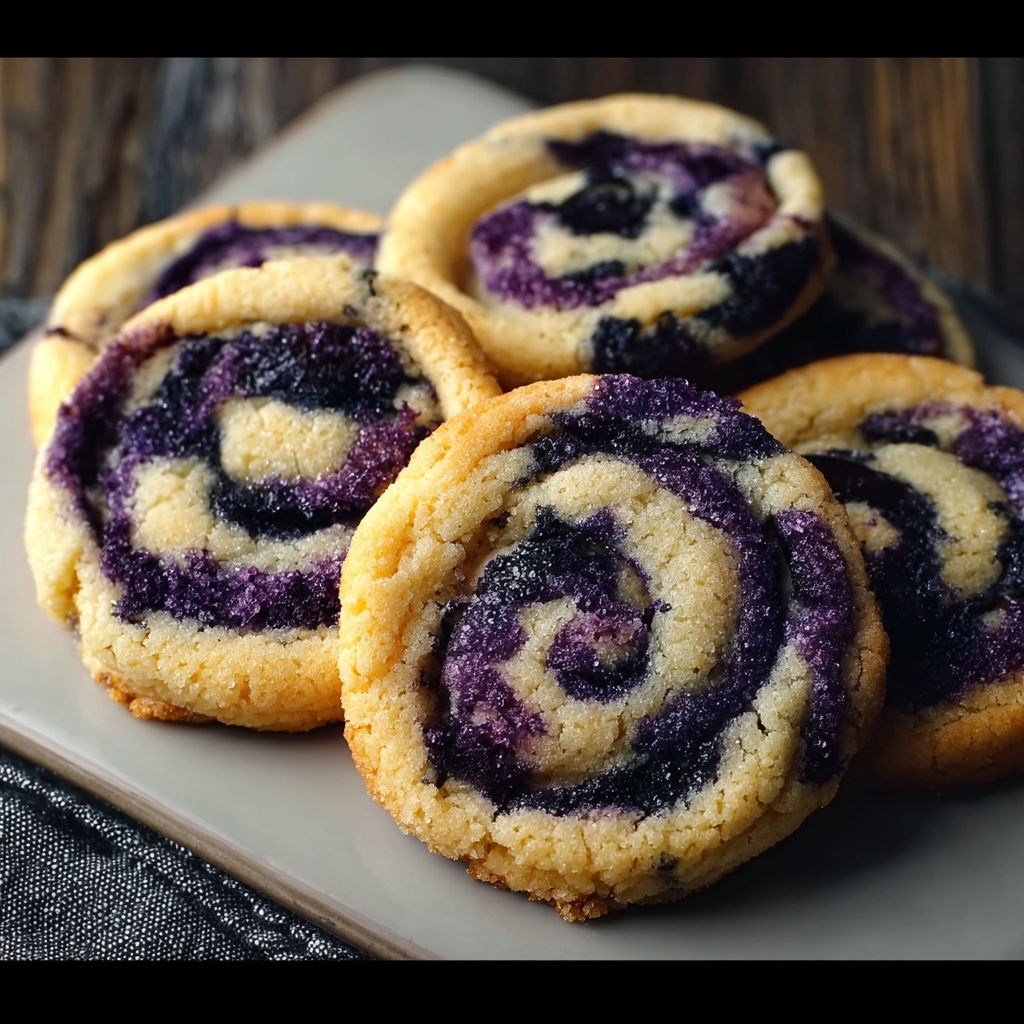 A plate of blueberry cheesecake swirl cookies.