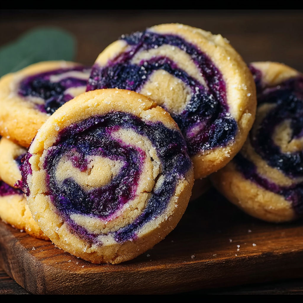 Blueberry swirl cookies on a wooden table.