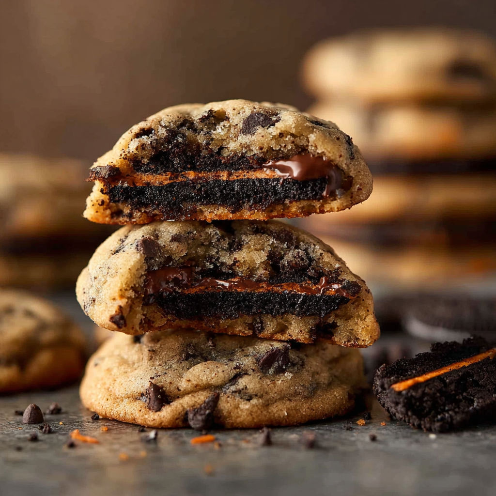 Chocolate chip cookies stacked on top of each other.
