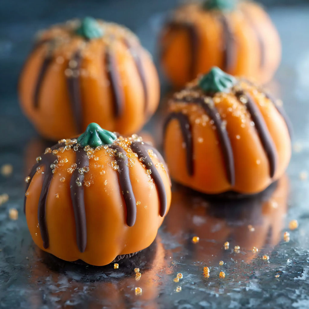 Three chocolate covered pumpkin candies.