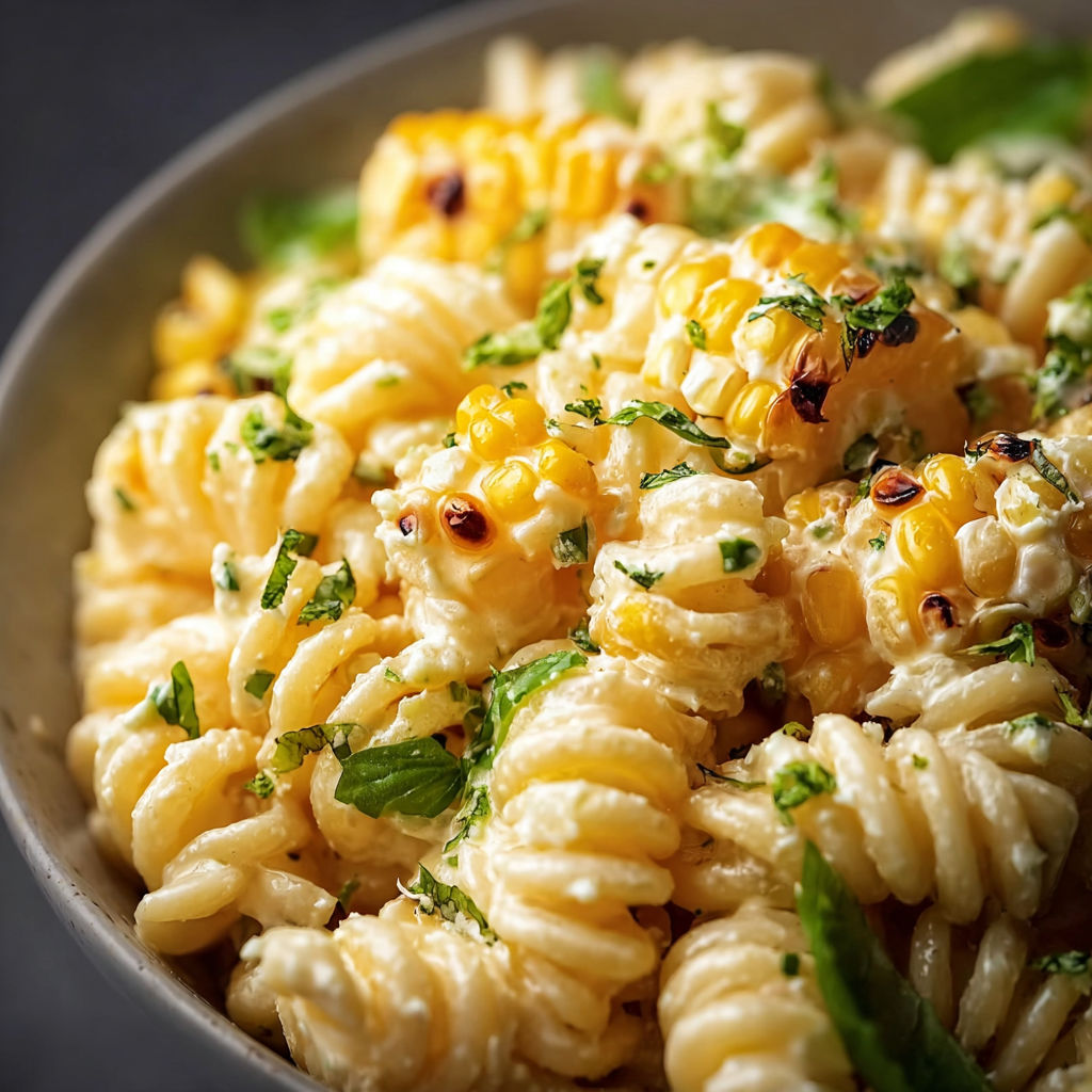 A bowl of creamy street corn pasta salad.