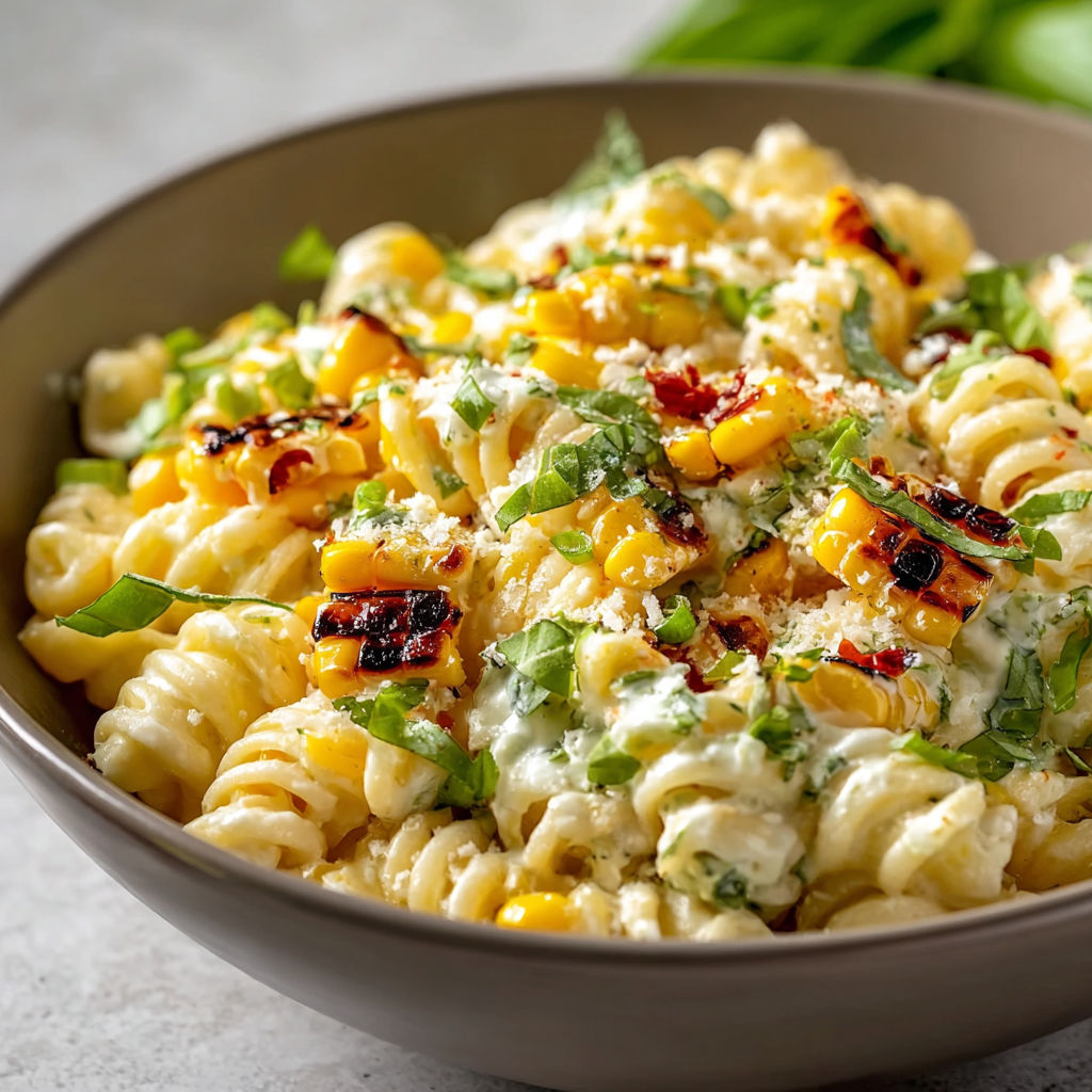 A bowl of pasta with corn and cheese.